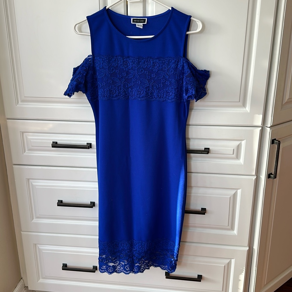 Another Story Blue Cold Shoulder Dress with Lace Detail